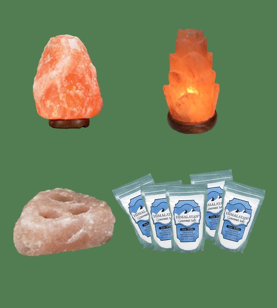 Himalayan Salt Lamps 1 Mini + 1 Flower + 1 Votive Candle Holder 3 hole plate + 5 White Fine Gourmet salt 500g